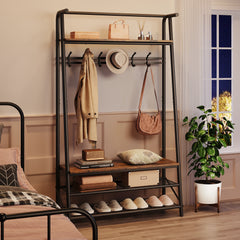 Large Coat Rack Shoe Bench, 4-in-1 Hall Trees Entryway Bench with Coat Rack & Shoe Rack, Steel Frame Storage Shelf & Hanging Bar
