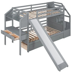 Wood Twin Over Twin Bunk Bed with Desk and Slide,Drawers Bookcase and Storage Staircase for Kids, White