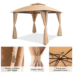 10'x10' Outdoor Gazebo, Unique Arc Roof Design and Privacy Curtains Included, Khaki