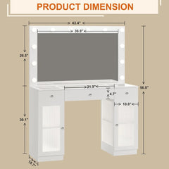 Vanity Makeup Desk with Mirror and Lights, Glass Top Vanity with 3 Color Lighting Modes & Power Outlet, Dressers for Bedroom