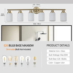 39" Modern 6-Light Vanity Wall Light Sconce for Bathroom Golden Finish Frosted Glass Shades Bathroom Lighting Fixture No Bulbs