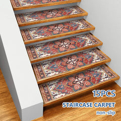15PCS Carpet Stair Treads Set Self-adhesive Backing Non Slip Rug Tread Reusable Indoor Stair Rugs Bohemian for Dogs Kids & Elder