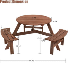 6 Person Outdoor Picnic Table, Round Picnic Table with 3 Built-in Benches, Umbrella Hole,Outside Wood Picnic Table and Bench Set
