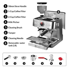 Espresso Coffee Maker With Grinder, 20 Bar Stainless Steel Professional Espresso Coffee Maker With Milk Frother, 2.8L Water Tank