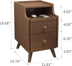 Solid Wood Nightstand with Drawers, Walnut Bedside Table for Bedroom