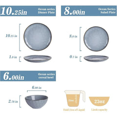 Dinnerware Sets for 4, Ocean Round 12-Piece Kitchen Plates and Bowls Sets, Reactive Glaze, Microwave and Dishwasher Safe,