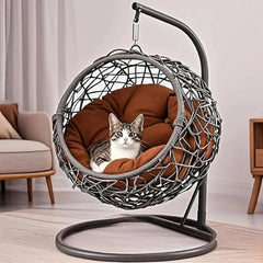 Cat Swing Bed with Stand & Cushion - Rattan Wicker Egg Chair Hanging Pet Bed for Cats, Small Dogs, and AnimalsKey improvements