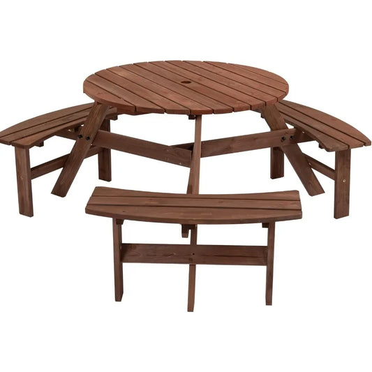 6 Person Outdoor Picnic Table, Round Picnic Table with 3 Built-in Benches, Umbrella Hole,Outside Wood Picnic Table and Bench Set