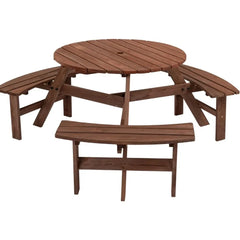 6 Person Outdoor Picnic Table, Round Picnic Table with 3 Built-in Benches, Umbrella Hole,Outside Wood Picnic Table and Bench Set