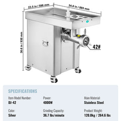 VEVOR 22/36.7Lbs Meat Grinder Capacity Electric Meat Grinders Grinding Plate Sausage Maker for Kitchen Restaurant Butcher Store