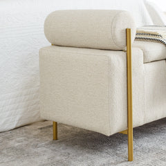 Elegant Upholstered Linen Storage Bench with Cylindrical Arms & Iron Legs, Beige, for Hallway, Living Room, Bedroom