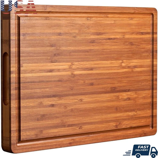 Durable Bamboo Cutting Board 1 Inch Thick with Juice Grooves Handles Perfect Cheese Charcuterie Meat Preparation