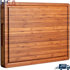 Durable Bamboo Cutting Board 1 Inch Thick with Juice Grooves Handles Perfect Cheese Charcuterie Meat Preparation