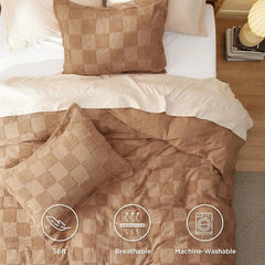 Boho Duvet Cover King Size - Checkered King Duvet Cover Set for All Seasons, 3 Pieces Soft Shabby Chic Embroidery Boho Bedding