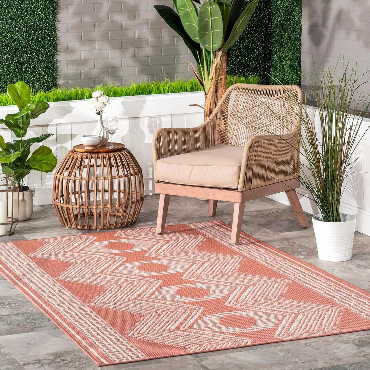 6' 7" x 9' Outdoor Tribal Geometric Area Rug, Stain Resistant, Weather Resistant, High Traffic, Patio, Balcony, Outside,