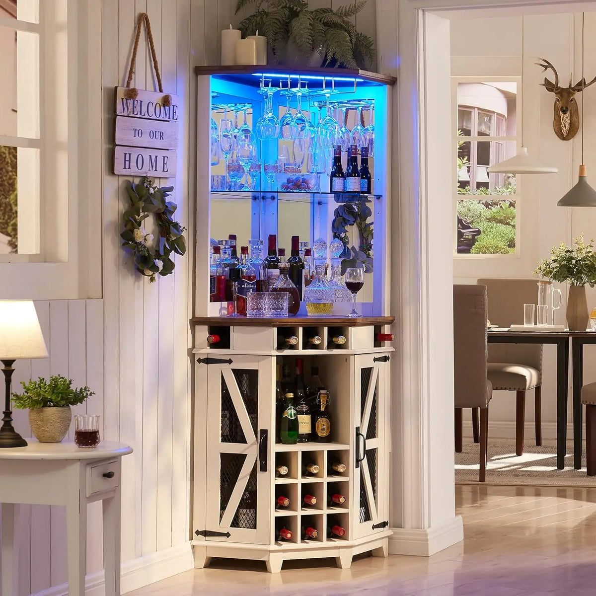 Corner Bar Storage Cabinet, Barn Door & Adjustable Shelf, Home Bar Cabinet w/LED Light & Glass Rack, 72" Tall Wine Bar Cabinet