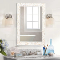 White Mirrors for Wall , Natural Mother of Pearl Inlay Mosaic Framed Rectangle Mirror for Bathroom, Bedroom or Entryway