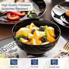 Plates and Bowls Sets for 4, Black Dinnerware Sets 16 Piece Gold Splash Glaze Round Dish Set, Porcelain Plate