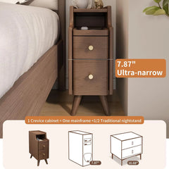 Solid Wood Nightstand with Drawers, Walnut Bedside Table for Bedroom