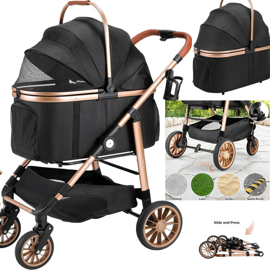 2in1 Dog Buggy Stroller Dog Box Can Be Attached in Car, Transport Foldable Cat Pet Stroller, 360° High Wheels, Max. load 25 kg