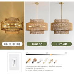 24” Boho Large Rattan Chandelier Light Fixture, 6-Light Large Hand Woven Pendant Light Fixture Farmhouse Rustic Chandeliers for