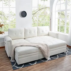 Sofa Bed with USB Ports, L-Shaped Convertible Pull-Out Couch with Reversible Chaise & Storage, Air Leather