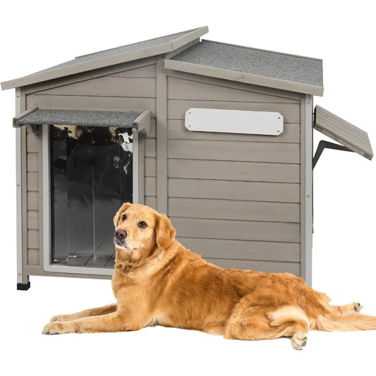 Outdoor Extra Large Dog House with Removable Floor, Raised Feet, Anti-Chewing Iron Frame – Wooden Kennel with Asphalt Roof
