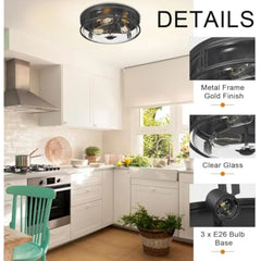 16 英寸 Flush Mount Ceiling Light with Clear Glass Shade, 3-Light Indoor Outdoor Farmhouse Lighting Flush Mount Lights for Kitc