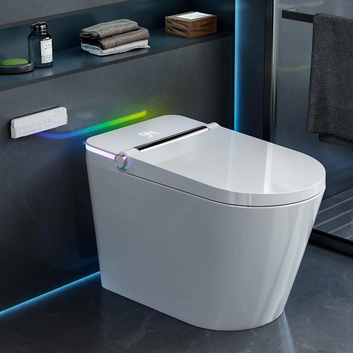 Smart Toilet with Built-In Bidet,Heated Seat,Warm Water and Dry, Foot Sensor and Night Light,Auto Flush,Wireless Remote Control