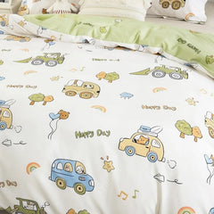 Kids Duvet Cover Set Full Size, Cotton Cartoon Car Truck Bedding Set for Boys Girls, 3 Pieces Soft Breathable White Yellow Plaid