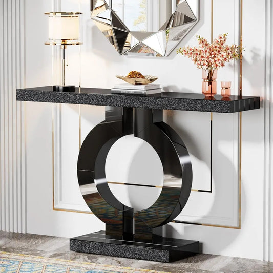 Modern Mirrored Console Table, Glass Sofa Table with Mirror Finish, 43-Inch Entryway Table with O-Shaped Base,