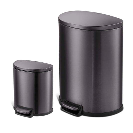 13.2 And 1.6 Gallon Trash Can Combo, D-Shape Step On Kitchen And Bathroom Trash Can, Black Stainless Steel
