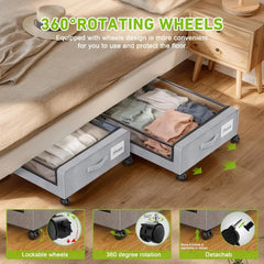 Under Bed Storage with Wheels,  Under Bed Storage Containers, Under The Bed Storage Organizer with Clear Lids - Rolling Drawers