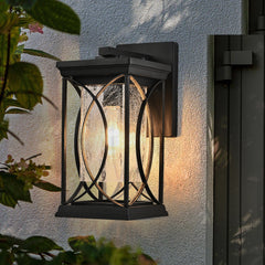 14"(H) 1-pack Black Outdoor Wall Lantern with Crackled Glass, Weather-Resistant Exterior Light Fixture (Bulb Not Included)