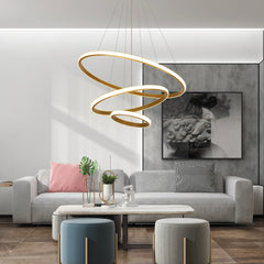 Modern LED Chandelier for High Ceiling, Dimmable 3-Ring Gold Pendant Light with Remote Flush Mount Ceiling Light for Living Room