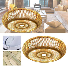 Asian Rustic Bamboo Flush Mount Ceiling Light 3-Lamp Antique Rattan Ceiling Light Weaving Lantern Lighting Fixture
