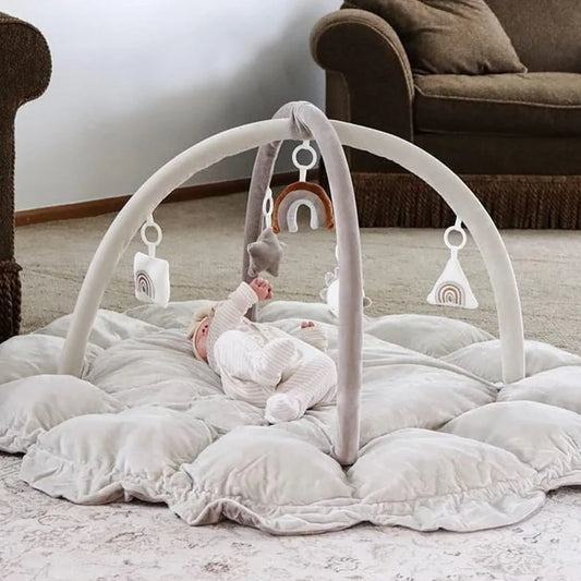 5-in-1 Thick & Plush Baby Play Gym, Baby Play Mats for Floor, Tummy Time Mat with 6 Toys, Cat Bed, Dog Bed, Cats Toys
