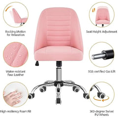 Mid Back PU Leather Armless Desk Office Chair, Modern Comfy Vanity Chair with Rolling Wheels, Metal Base Pink