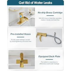 Gold Bathroom Sink Faucet 1 Hole, Brass Waterfall Faucet for Bathroom Sink, Gold Pop up Drain with Anti-Clogging Removable Stop