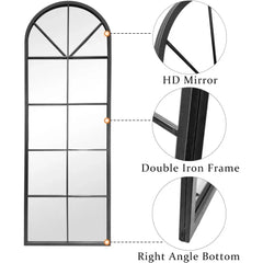 Floor Full Length Mirror, Black Arched-Top, Large Window Pane Mirror, Wall Mounted Mirror, 65"x22" Standing Mirror Hanging