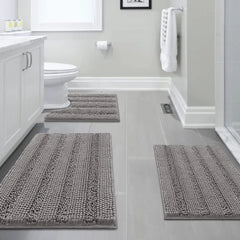 3 Piece Bathroom Rugs Sets Thick Striped Bath Rugs Set for Bathroom Non Slip Soft Absorbent Bath Mat Set for Tub
