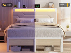 Queen Bed Frame with Headboard and LED Lights, Ergonomic Upholstered Queen Platform Bed Fame with Charging Station & Storage