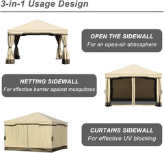 12x12 FT Outdoor Aluminum Gazebo with Privacy Curtains and Netting, Brown Canopy Shelter for Patio, Garden, Yard, Lawn