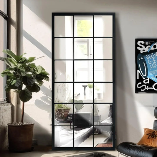 Balck Full Length Mirror, Window Pane Grid Mirror, Minimalism Long Wall Mounted Mirror 4MM Thickness HD, Floor Mirrors for Home