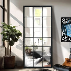 Balck Full Length Mirror, Window Pane Grid Mirror, Minimalism Long Wall Mounted Mirror 4MM Thickness HD, Floor Mirrors for Home