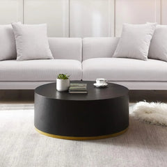 35" Modern Black Round Coffee Table with Gold Rim – Stylish Drum End Table