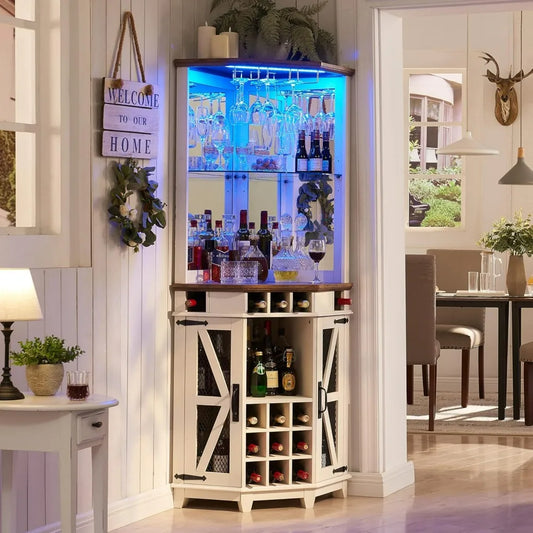 Corner Bar Storage Cabinet, Barn Door & Adjustable Shelf, Home Bar Cabinet w/LED Light & Glass Rack, 72" Tall Wine Bar Cabinet