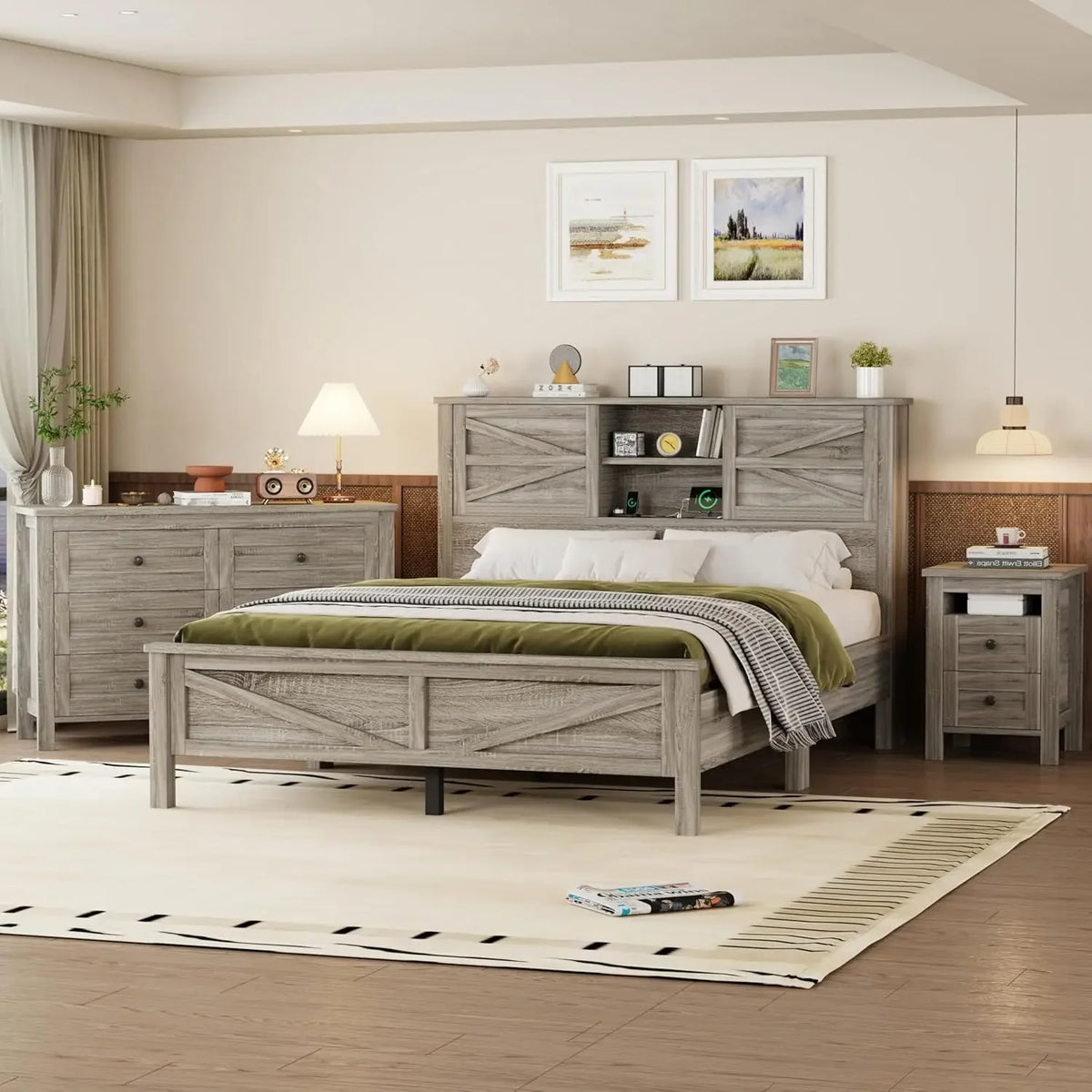 3-Pieces Bedroom Sets Queen Size Farmhouse Platform Bed，Double Sliding Door Storage Headboard,Storage Nightstand and Dresser