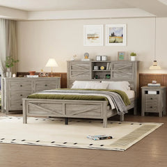 3-Pieces Bedroom Sets Queen Size Farmhouse Platform Bed，Double Sliding Door Storage Headboard,Storage Nightstand and Dresser
