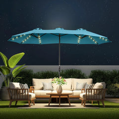 Double Sided Patio Umbrellas - 13ft Solar Lights LED Lighted Outdoor Extra Large Market Table Umbrella with Base Included